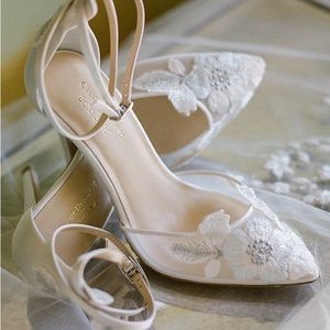 Bella Belle Claire Pettibone - Freya Mesh Dusty Blue Floral Heels- size 7